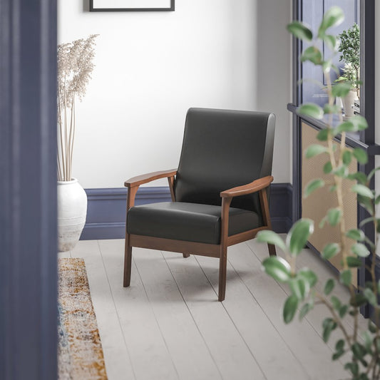 Upholstered Arm Chair with Walnut Finished Wooden Frame and Arms in Black