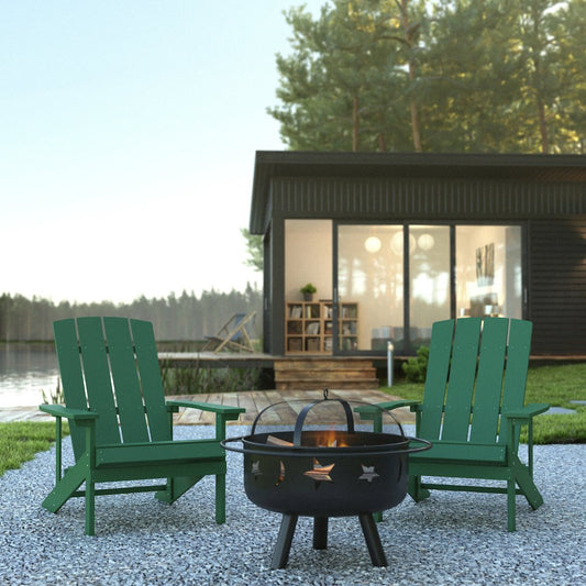 3 Piece Green Poly Resin Wood Adirondack Chair Set with Fire Pit