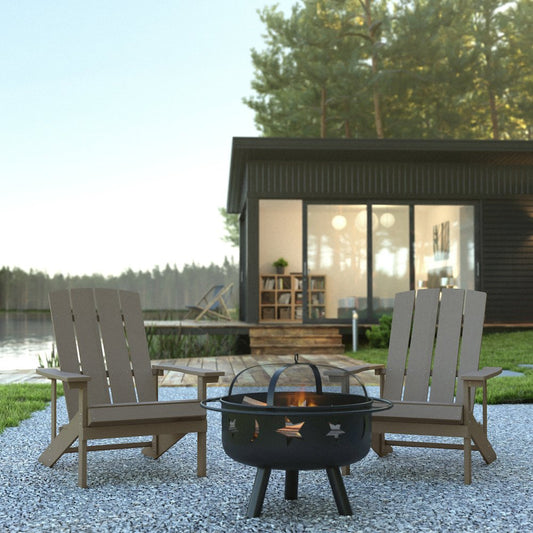 3 Piece Gray Poly Resin Wood Adirondack Chair Set with Fire Pit
