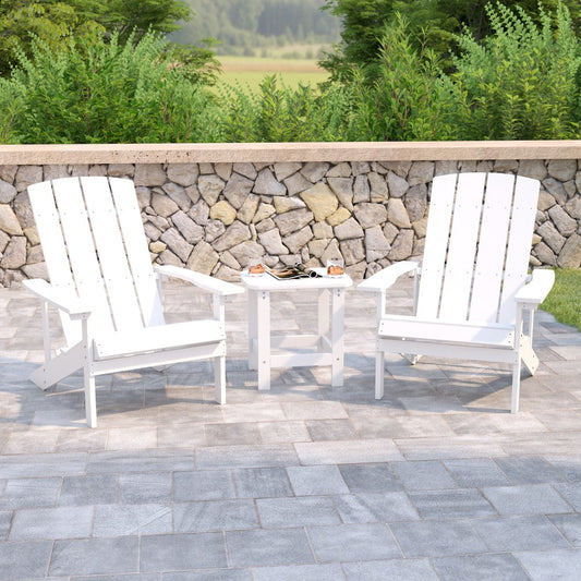 2 Pack All-Weather Poly Resin Wood Adirondack Chairs with Side Table in White