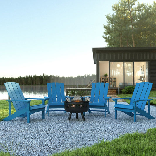 5 Piece Blue Poly Resin Wood Adirondack Chair Set with Fire Pit