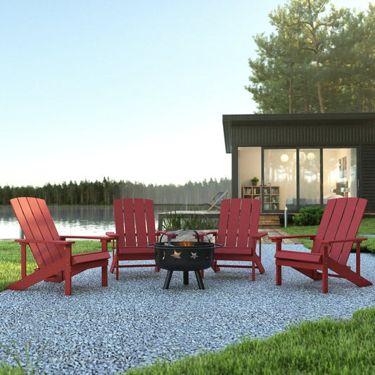5 Piece Red Poly Resin Wood Adirondack Chair Set with Fire Pit