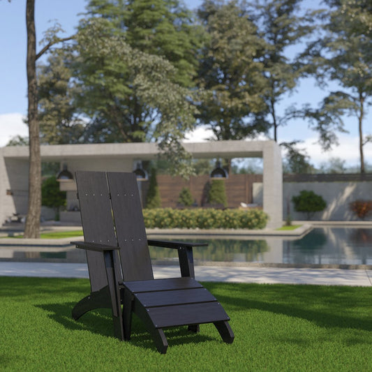 Modern All-Weather Poly Resin Wood Adirondack Chair with Foot Rest in Black