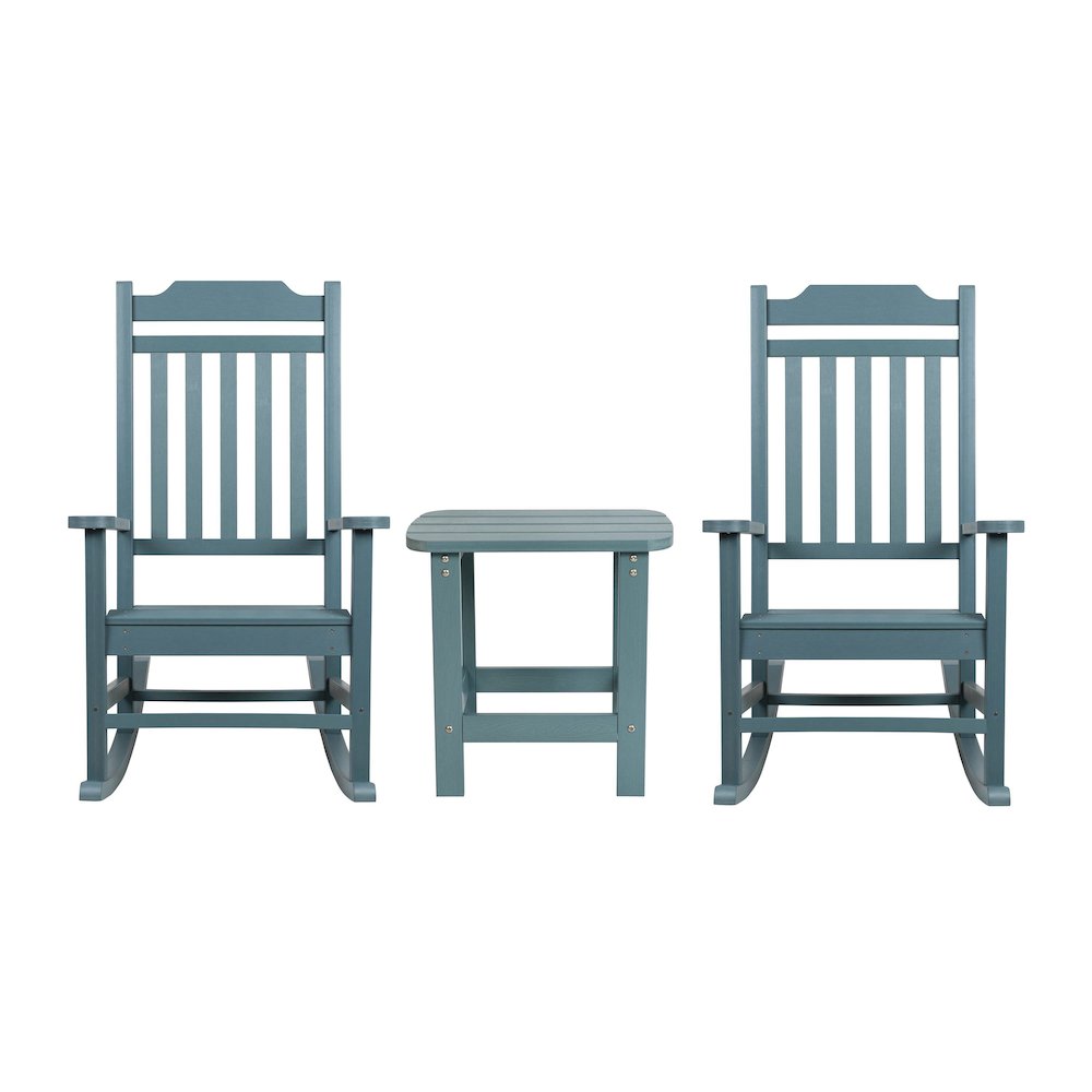 Set of 2 All-Weather Poly Resin Rocking Chairs with Accent Side Table in Teal