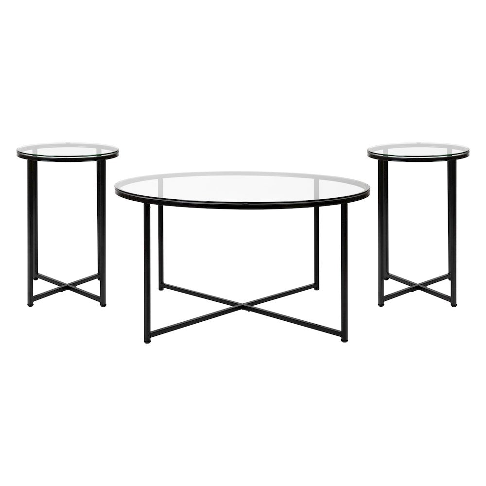 Coffee and End Table Set - Clear Glass Top with Matte Black Frame - 3 Piece