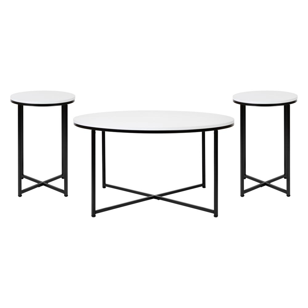 Coffee and End Table Set - White Top with Matte Black Frame, 3 Piece