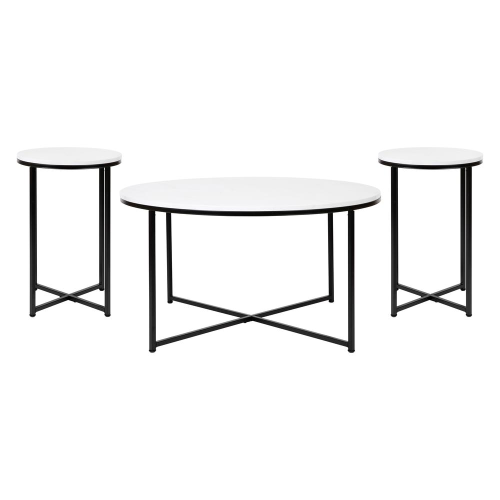 Coffee and End Table Set - White Marbled Top, Matte Black Frame, 3 Piece