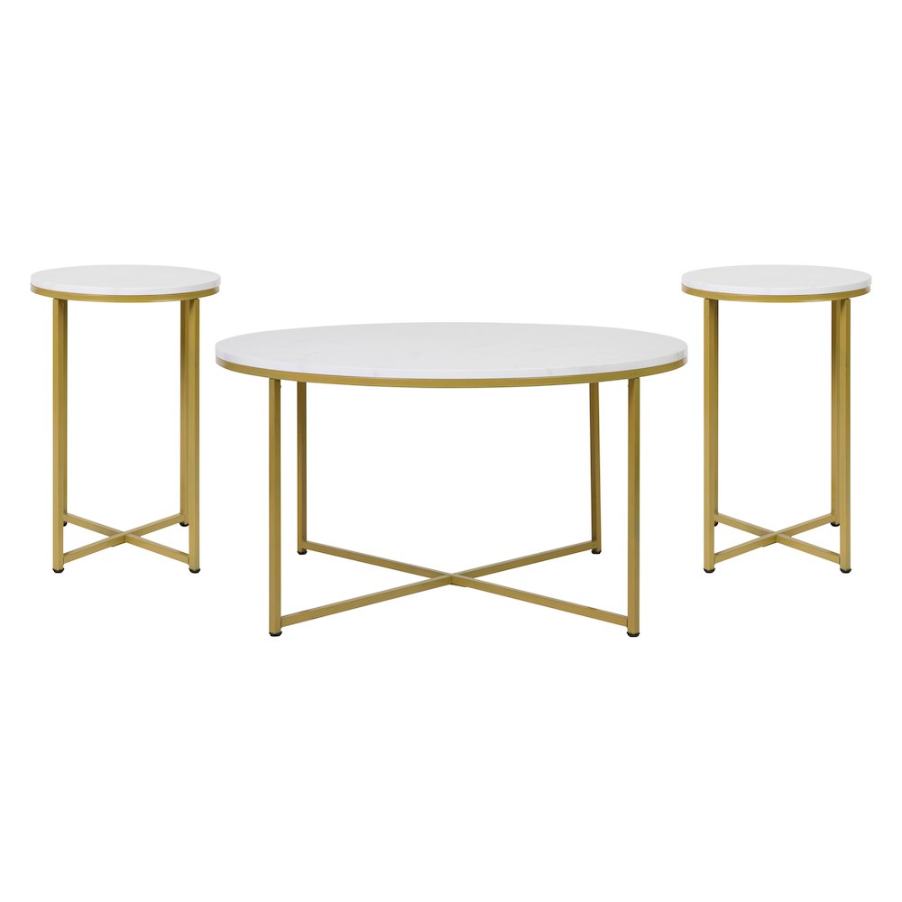 Coffee and End Table Set - White Marbled Top, Brushed Gold Frame, 3 Piece