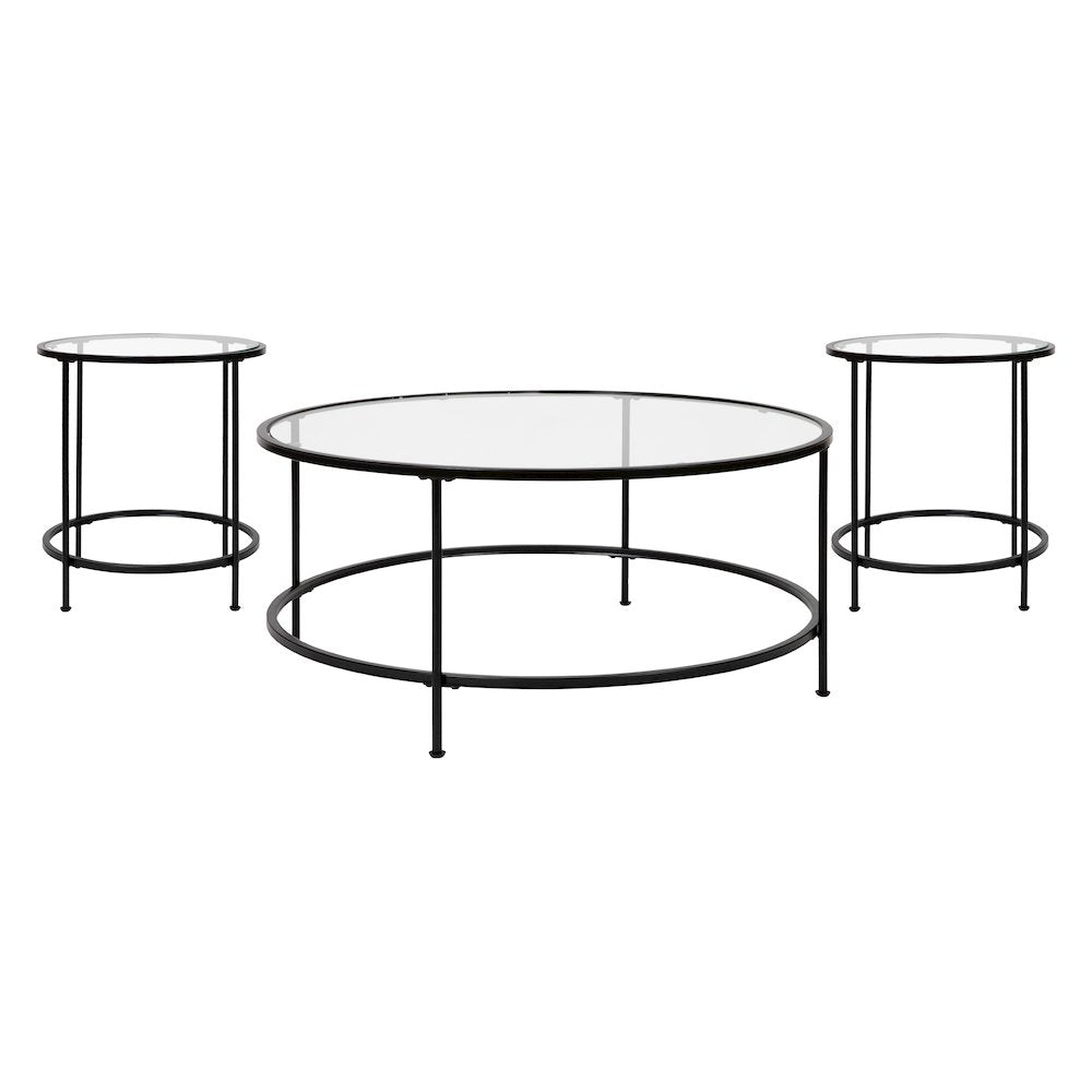 Coffee and End Table Set - Clear Glass Top with Matte Black Frame - 3 Piece