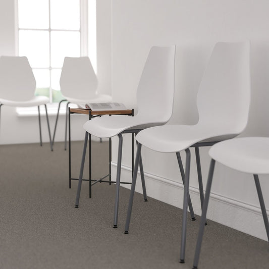 770 lb. Capacity White Stack Chair with Lumbar Support and Silver Frame