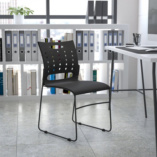 881 lb. Capacity Black Sled Base Stack Chair with Air-Vent Back