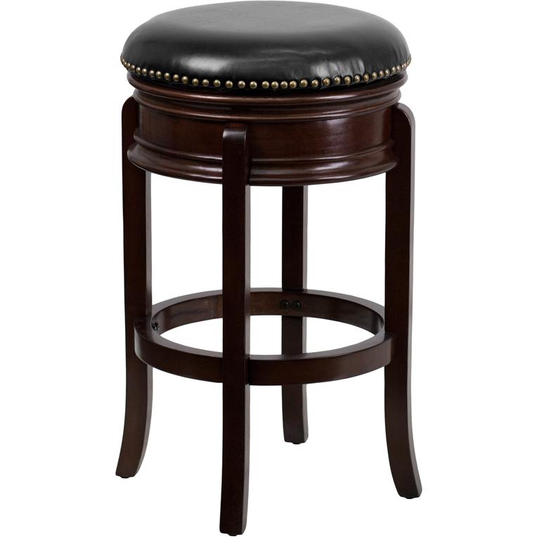 29'' High Cappuccino Wood Barstool with Carved Apron and Black Swivel Seat