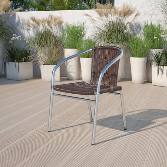 Aluminum and Dark Brown Rattan Indoor-Outdoor Restaurant Stack Chair