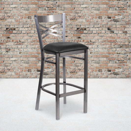 Clear Coated ''X'' Back Metal Restaurant Barstool - Black Vinyl Seat