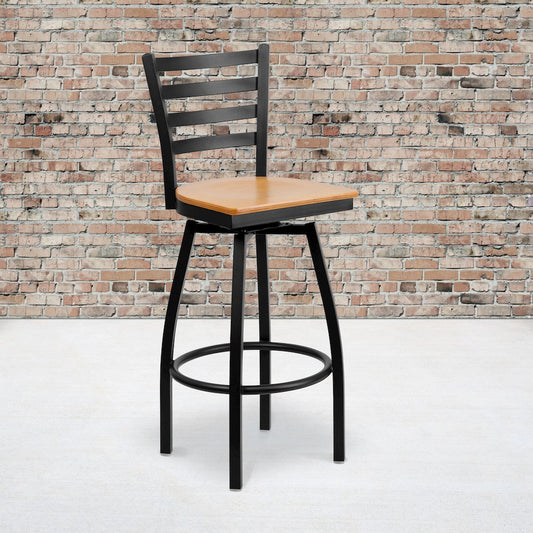 Black Ladder Back Swivel Metal Barstool - Natural Wood Seat
