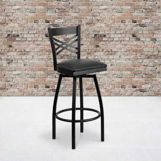 Black ''X'' Back Swivel Metal Barstool - Black Vinyl Seat