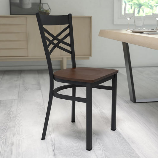 Black ''X'' Back Metal Restaurant Chair - Mahogany Wood Seat