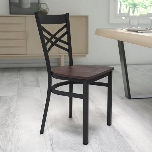Black ''X'' Back Metal Restaurant Chair - Walnut Wood Seat