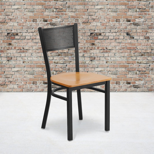 Black Grid Back Metal Restaurant Chair - Natural Wood Seat