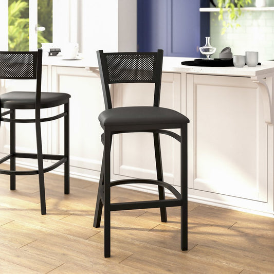 Black Grid Back Metal Restaurant Barstool - Black Vinyl Seat