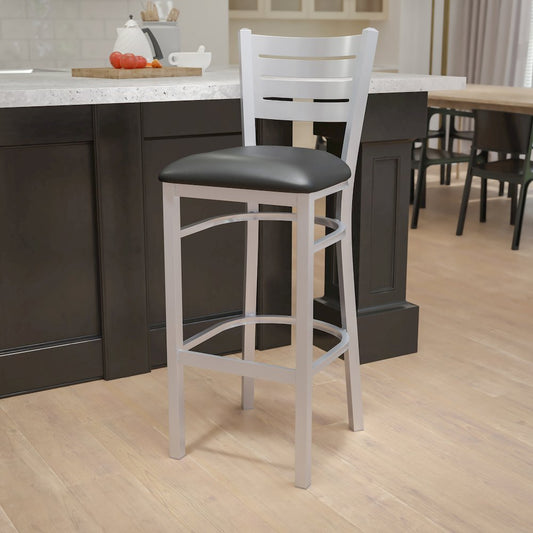 Silver Slat Back Metal Restaurant Barstool - Black Vinyl Seat