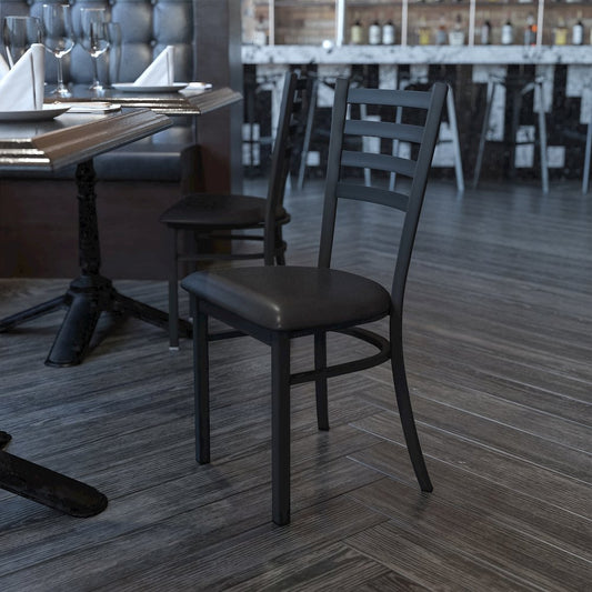 Black Ladder Back Metal Restaurant Chair - Black Vinyl Seat