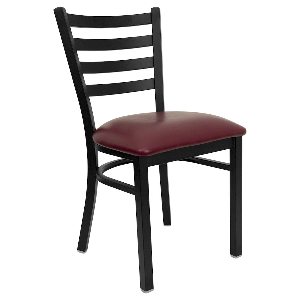 Black Ladder Back Metal Restaurant Chair - Burgundy Vinyl Seat