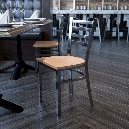 Clear Coated Ladder Back Metal Restaurant Chair - Natural Wood Seat