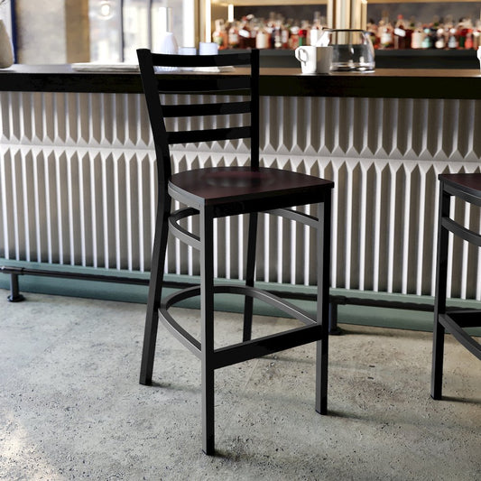 Black Ladder Back Metal Restaurant Barstool - Walnut Wood Seat