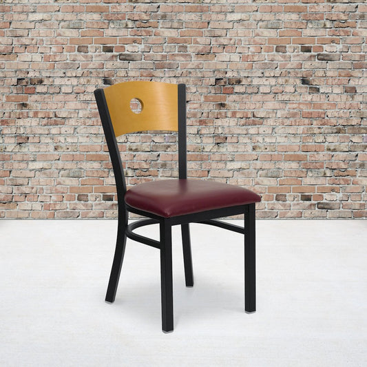 ack Metal Restaurant Chair - Natural Wood Back, Burgundy Vinyl Seat