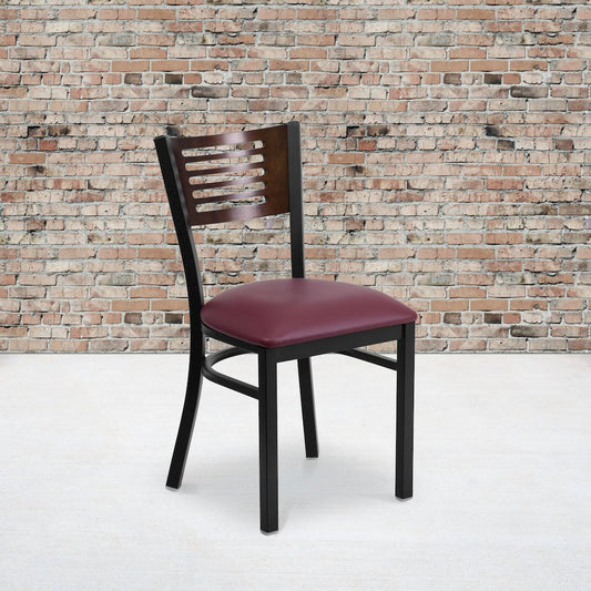 Black Slat Back Metal Restaurant Chair - Walnut Wood Back, Burgundy Vinyl Seat