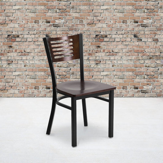 Black Slat Back Metal Restaurant Chair - Walnut Wood Back & Seat
