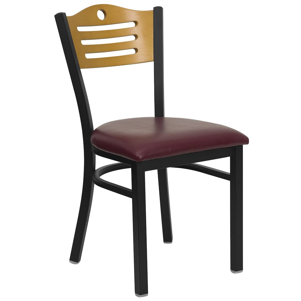 Black Slat Back Metal Restaurant Chair - Natural Wood Back, Burgundy Vinyl Seat