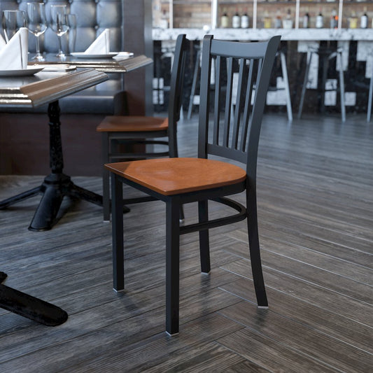 Black Vertical Back Metal Restaurant Chair - Cherry Wood Seat