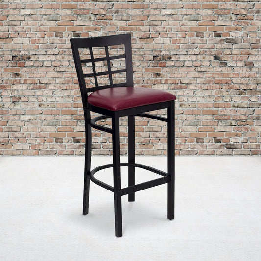 Black Window Back Metal Restaurant Barstool - Burgundy Vinyl Seat