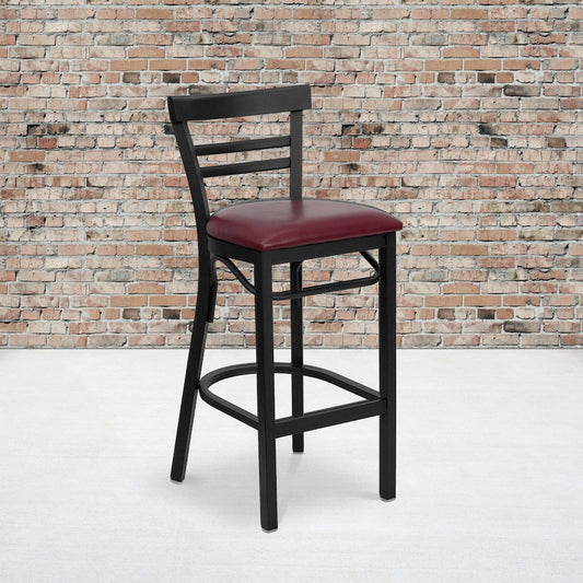 Black Two-Slat Ladder Back Metal Restaurant Barstool - Burgundy Vinyl Seat