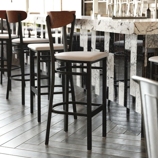 Commercial Bar Stool with Vinyl Upholstered Seat and Wood Boomerang Back