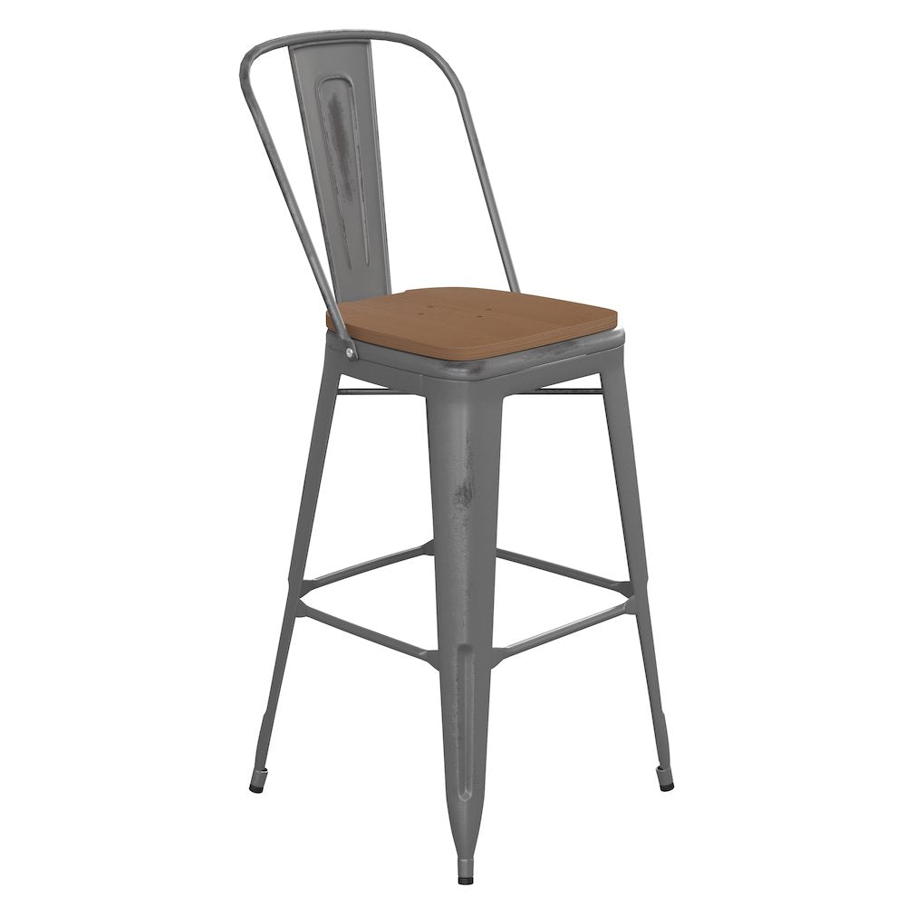 30'' High Clear Coated Indoor Barstool with Back and Teak Poly Resin Wood Seat