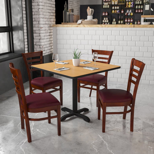 Ladder Back Mahogany Wood Restaurant Chair - Burgundy Vinyl Seat