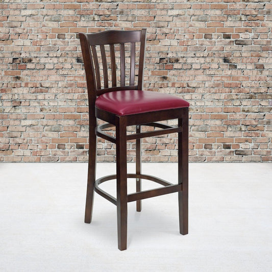 Vertical Slat Back Walnut Wood Restaurant Barstool - Burgundy Vinyl Seat
