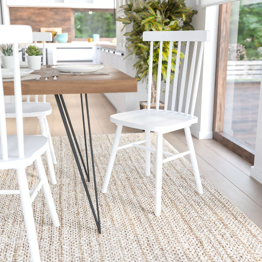 Set of 2 Windsor Dining Chairs, Solid Wood Armless in White