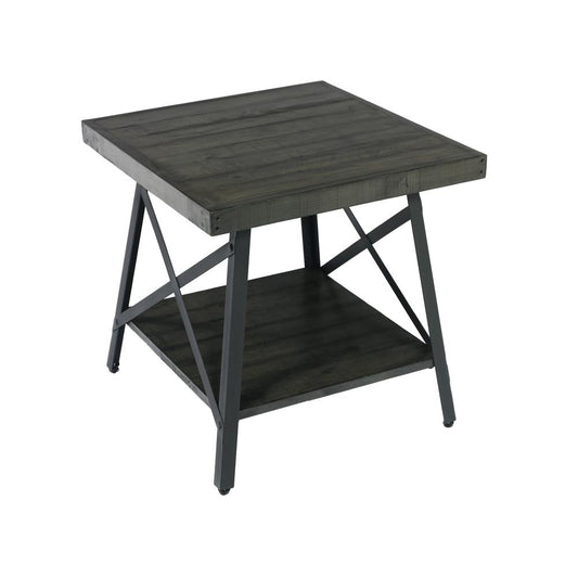 Gray 24" End Table with Solid Wood Top, Metal Base, And Open Storage Shelf