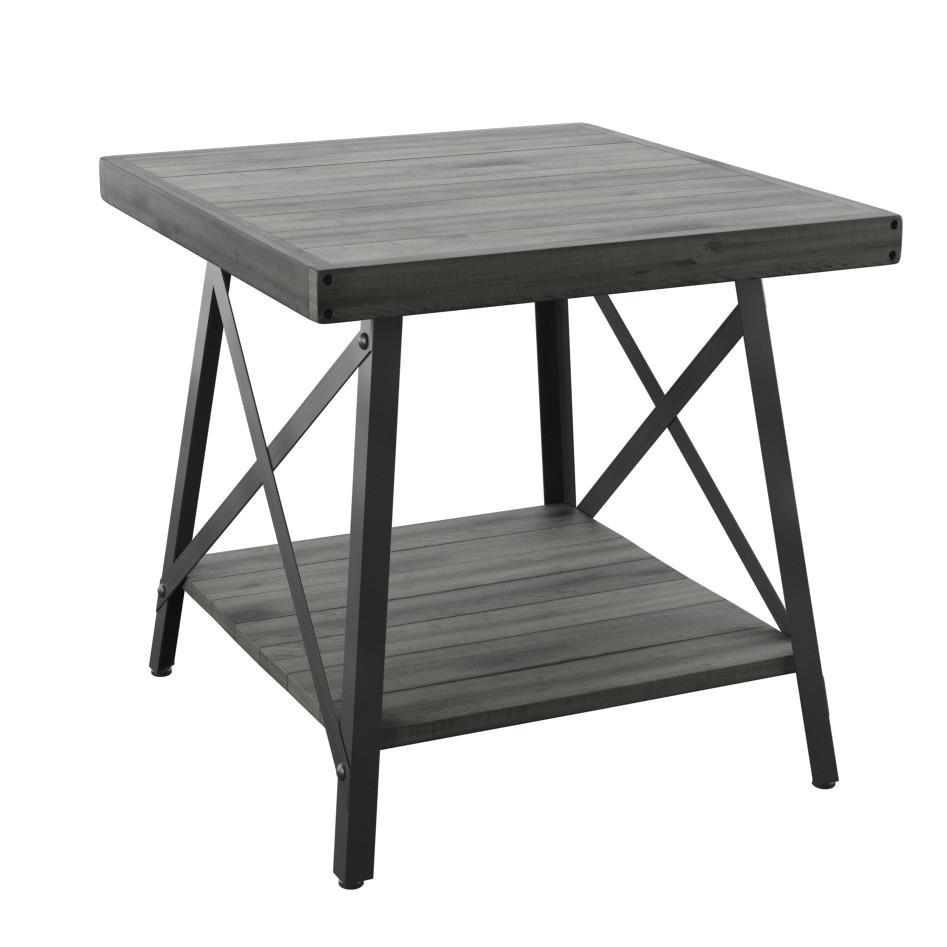 Gray 24" End Table with Solid Wood Top, Metal Base, And Open Storage Shelf