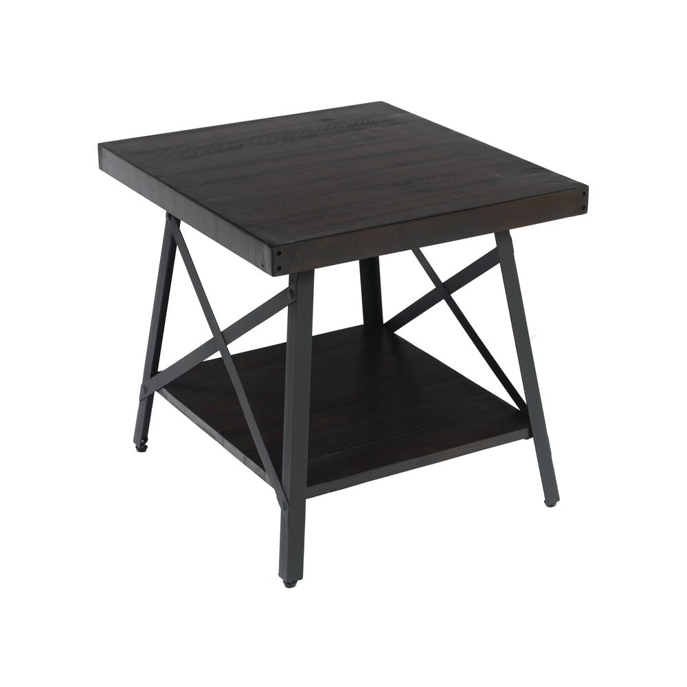 Gray 24" End Table with Solid Wood Top, Metal Base, And Open Storage Shelf