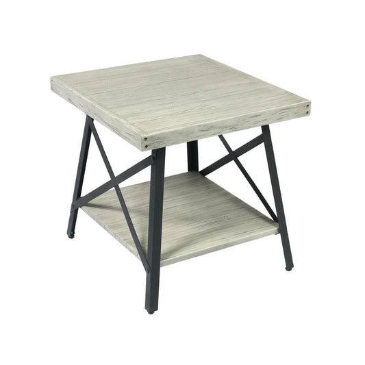 Gray 24" End Table with Solid Wood Top, Metal Base, And Open Storage Shelf