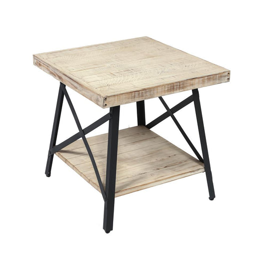 Gray 24" End Table with Solid Wood Top, Metal Base, And Open Storage Shelf