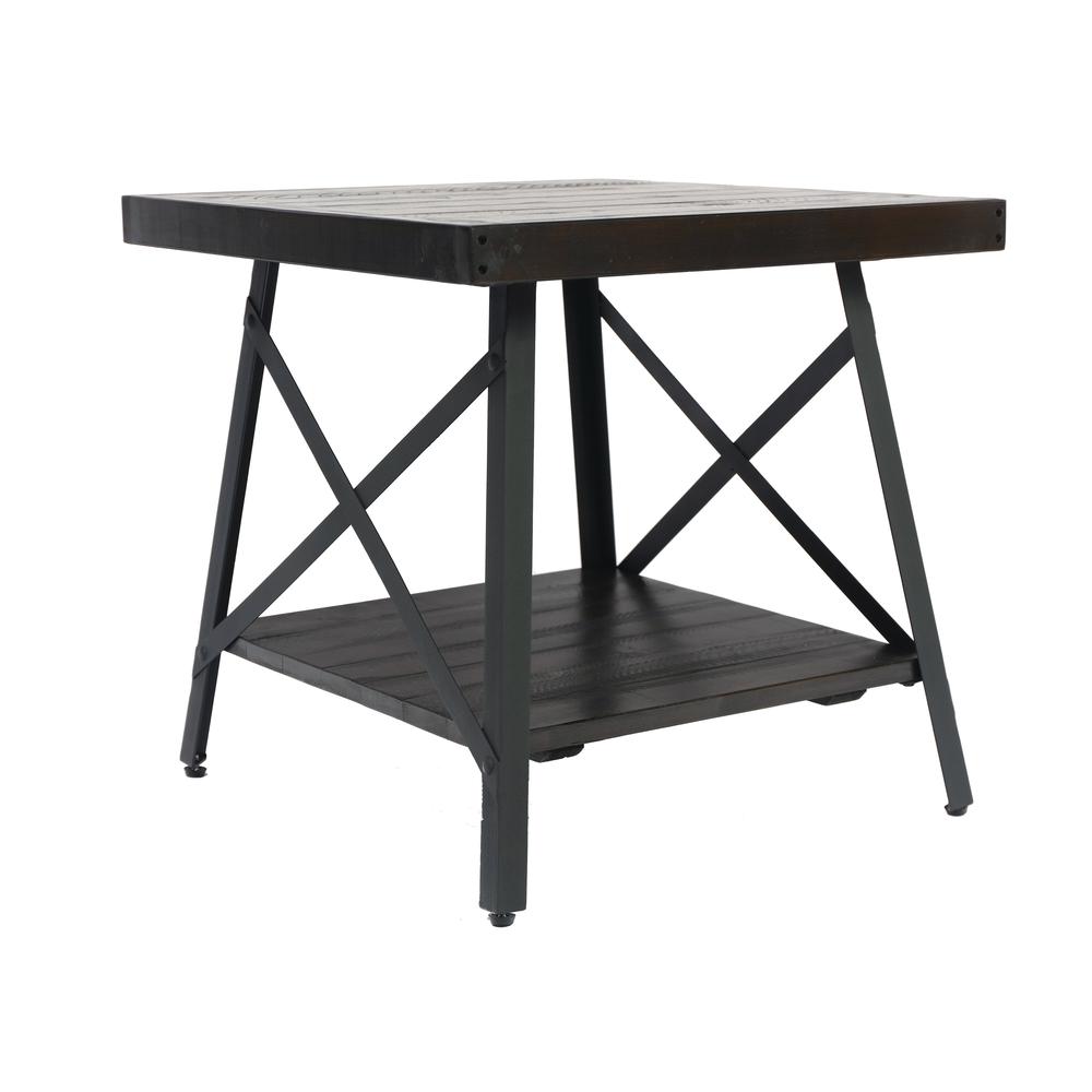 Gray 24" End Table with Solid Wood Top, Metal Base, And Open Storage Shelf
