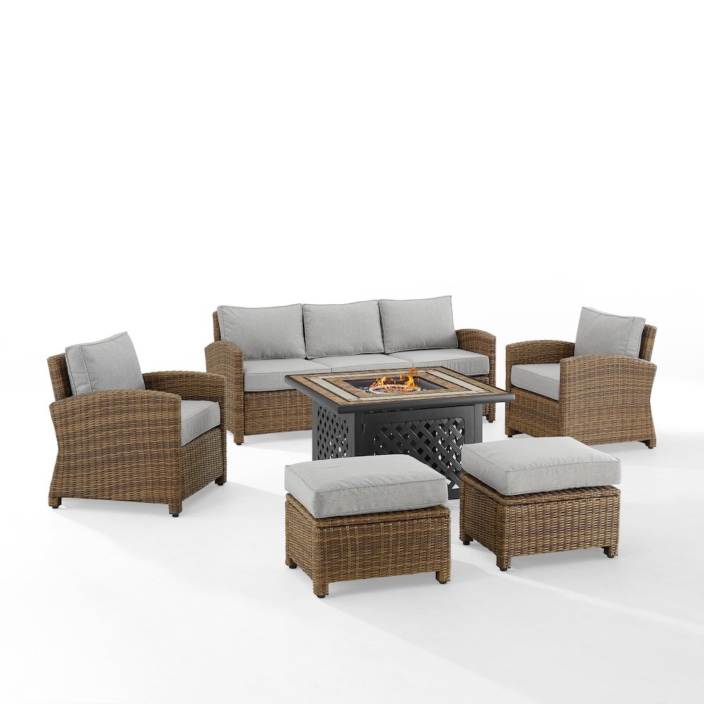 6Pc Outdoor Sofa Set W/ Fire Table, Sofa, 2 Armchairs & 2 Ottomans