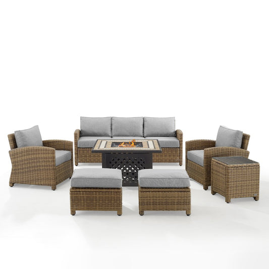 6Pc Outdoor Sofa Set W/ Fire Table, Sofa, 2 Armchairs & 2 Ottomans