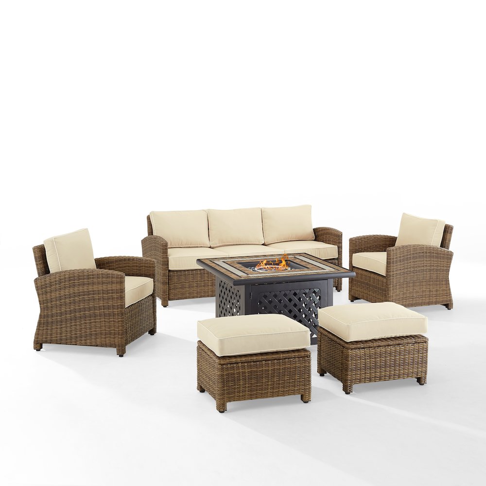 6Pc Outdoor Sofa Set W/ Fire Table, Sofa, 2 Armchairs & 2 Ottomans